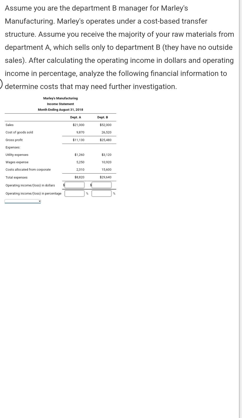 Solved Assume You Are The Department B Manager For Marley's | Chegg.com