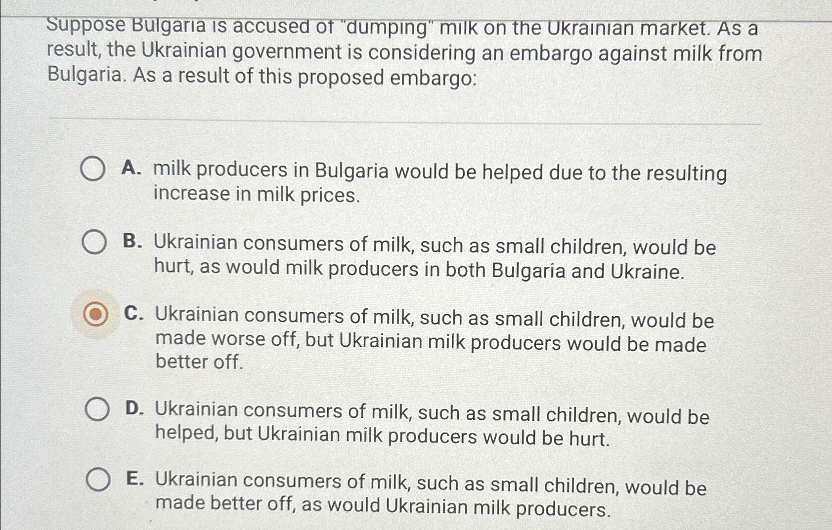 Solved Suppose Bulgarıa Is accused of "dumping" milk on the | Chegg.com