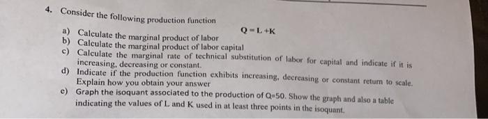 Solved 4. Consider the following production function Q-L+K | Chegg.com