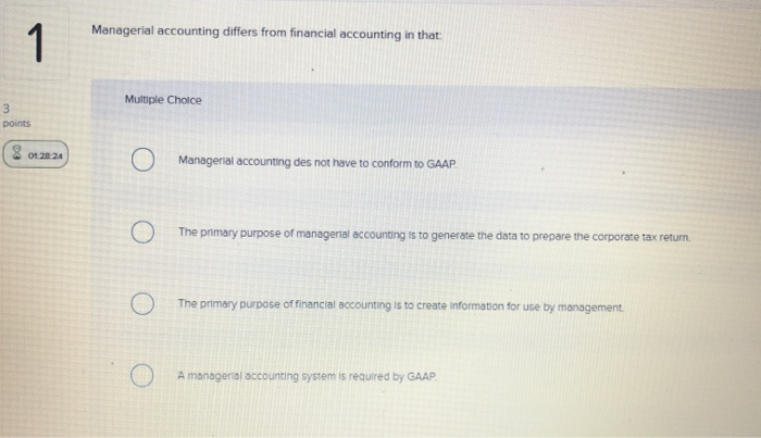 Solved 1 Managerial accounting differs from financial | Chegg.com