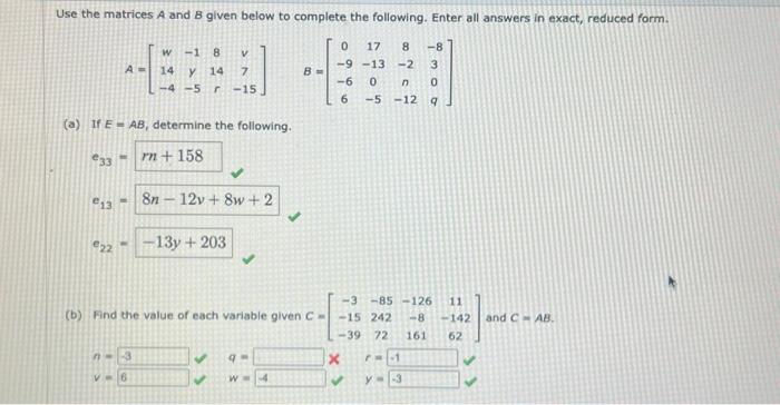 Solved Use The Matrices A And B Given Below To Complete The | Chegg.com