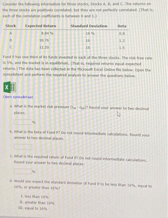 Solved Consider the following information for three stocks, | Chegg.com