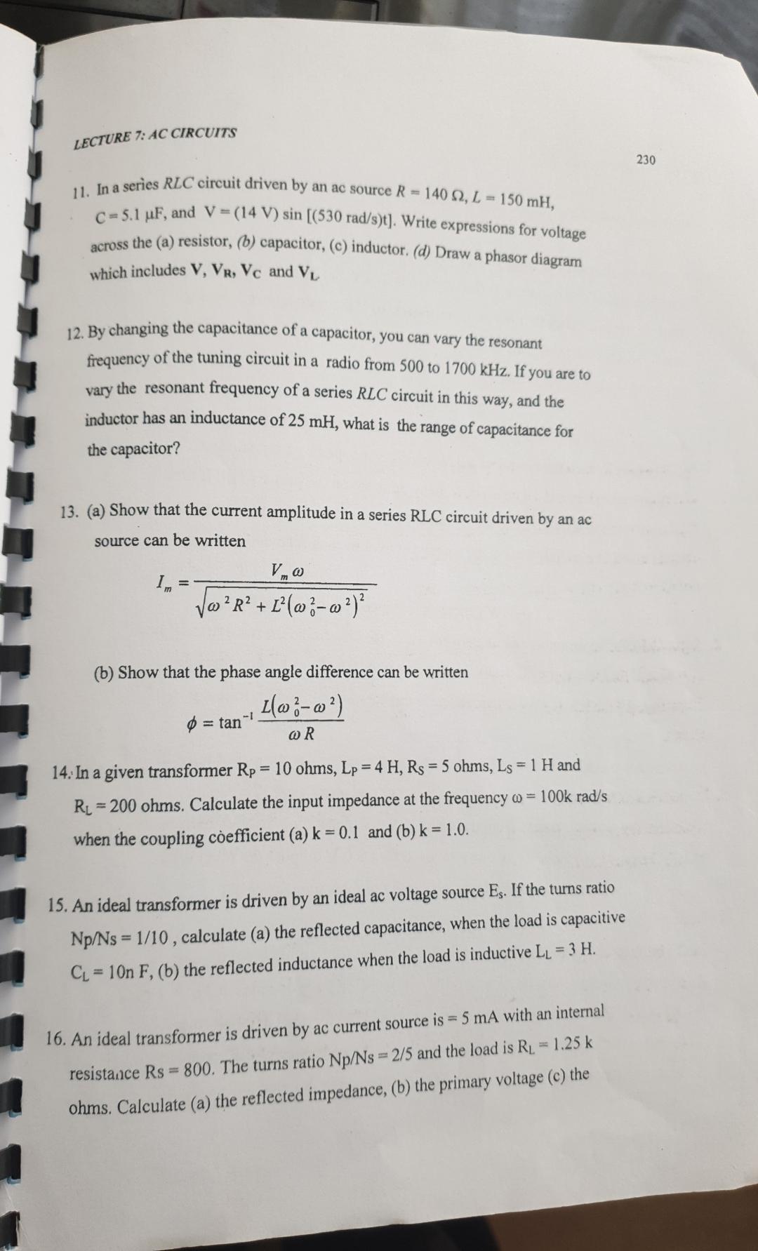 Solved LECTURE 7: AC CIRCUITS23011. ﻿In a series RLC | Chegg.com