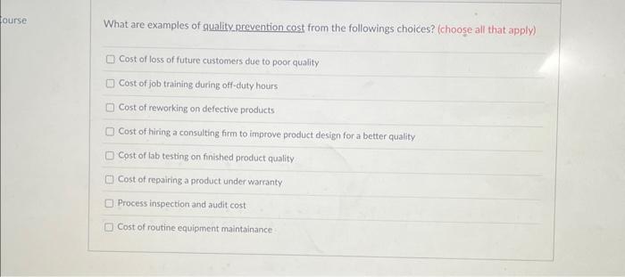 Solved What Are Examples Of Quality Prevention Cost From The Chegg