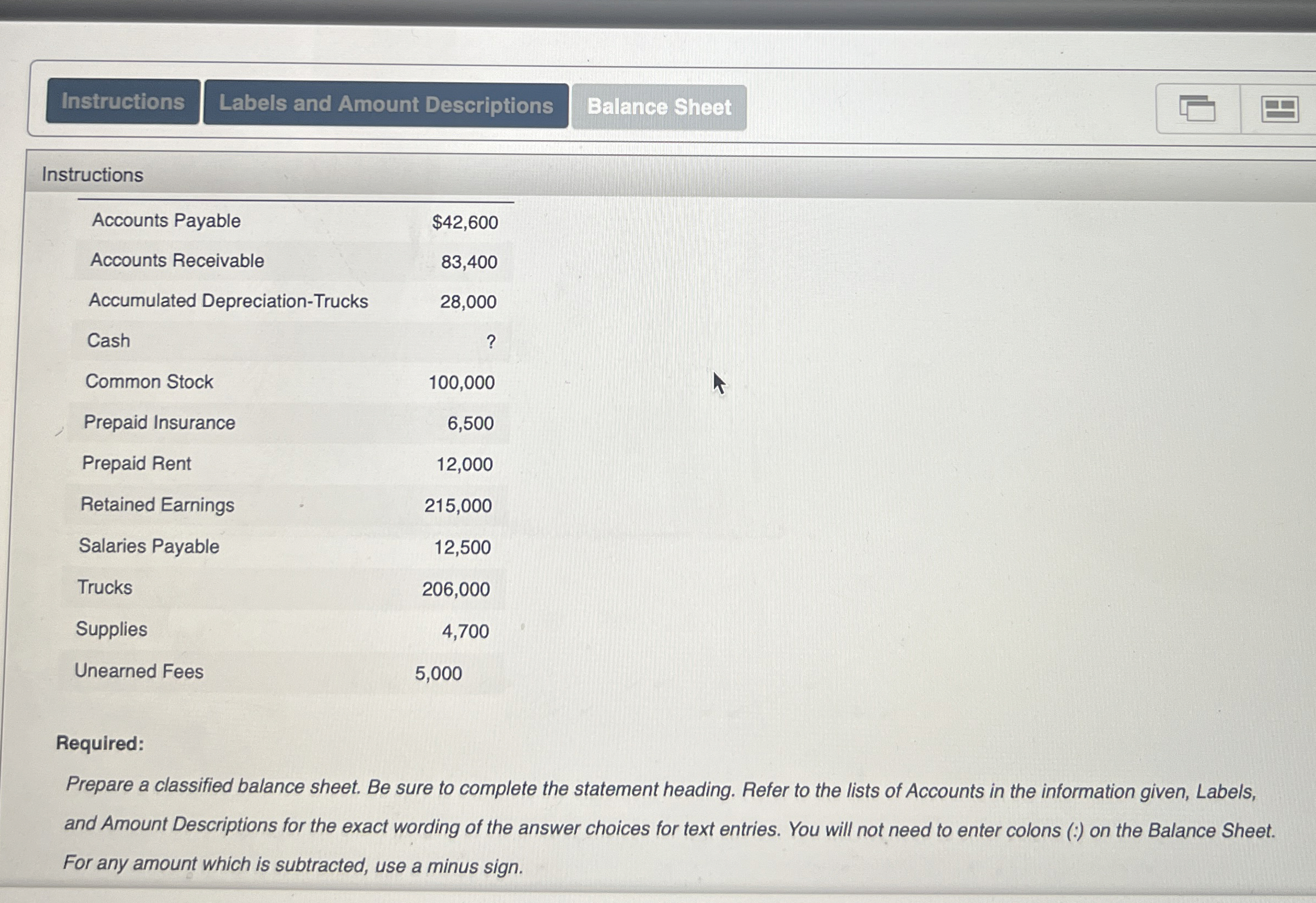 [Solved] Labels and Amount Descriptions Balance Sheet Instr
