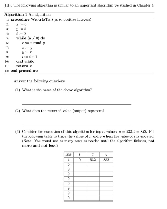 Solved (III). The following algorithm is similar to an | Chegg.com