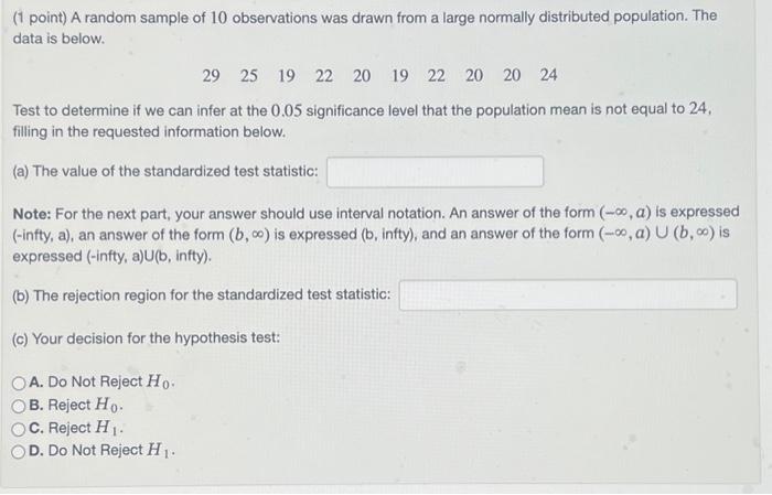 Solved (1 Point) A Random Sample Of 10 Observations Was | Chegg.com