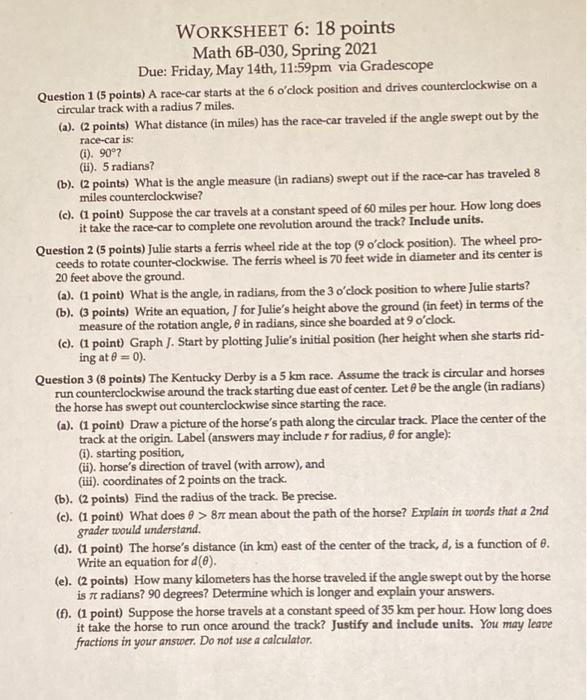 WORKSHEET 6: 18 points Math 6B-030, Spring 2021 Due: | Chegg.com