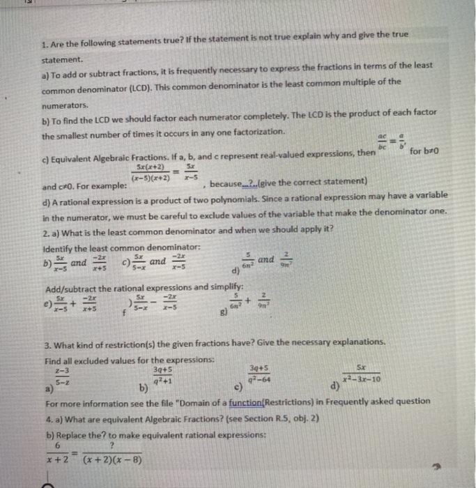 Solved 1. Are the following statements true? If the | Chegg.com