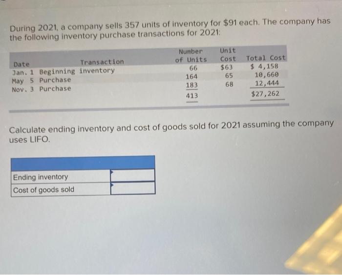 Solved During 2021, A Company Sells 357 Units Of Inventory | Chegg.com