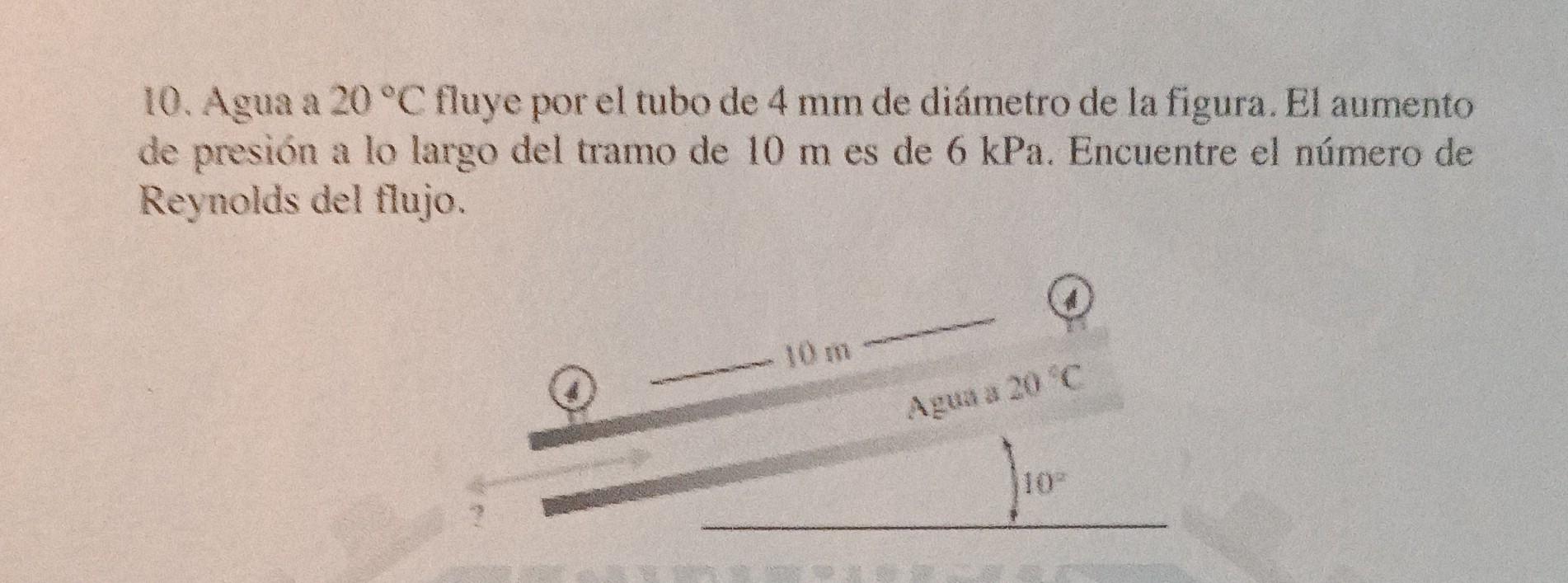 10. Agua a \( 20^{\circ} \mathrm{C} \) fluye por el tubo de \( 4 \mathrm{~mm} \) de diámetro de la figura. El aumento de pres