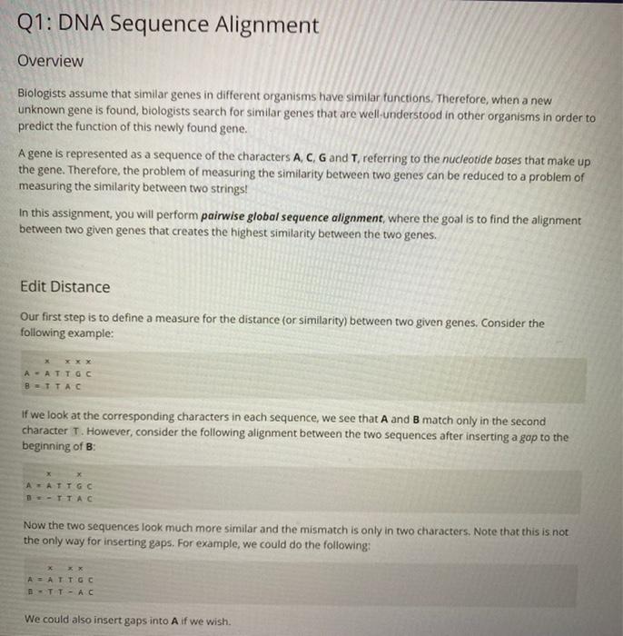 Solved Q1: DNA Sequence Alignment Overview Biologists assume | Chegg.com