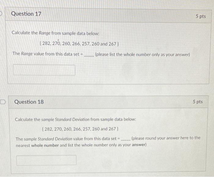 Solved Question 17 5 pts Calculate the Range from sample | Chegg.com
