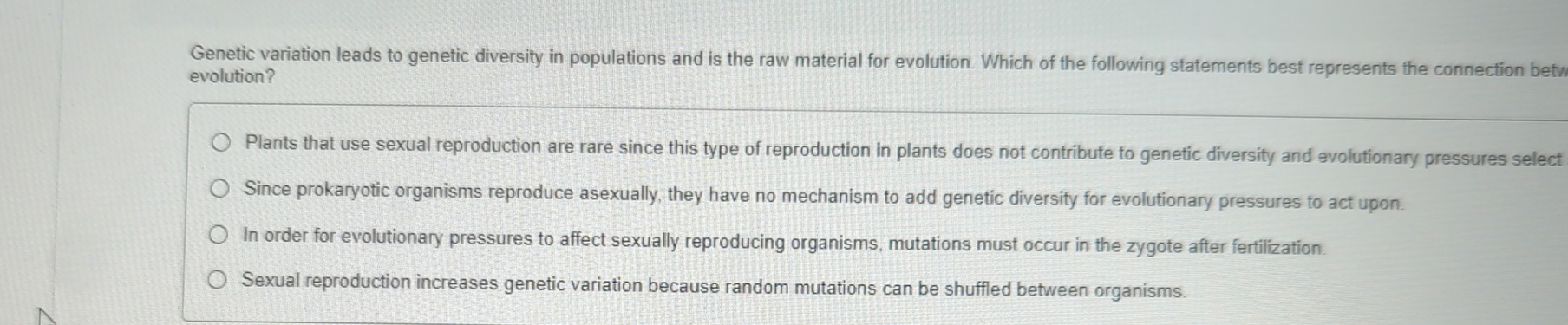 Solved Genetic variation leads to genetic diversity in | Chegg.com