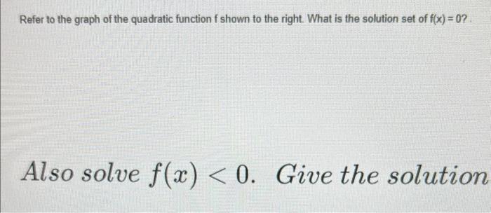 Refer to the graph of the quadratic function \( f \) shown to the right. What is the solution set of \( f(x)=0 \) ?
Also solv