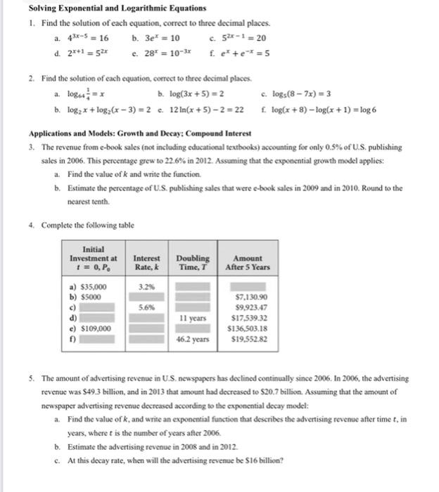 Solved Solving Exponential and Logarithmic Equations 1. Find | Chegg.com