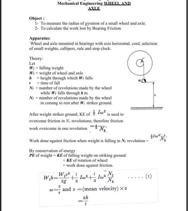 Solved Mechanical Engineering WHEEL AND AXLE Object : 1- To | Chegg.com