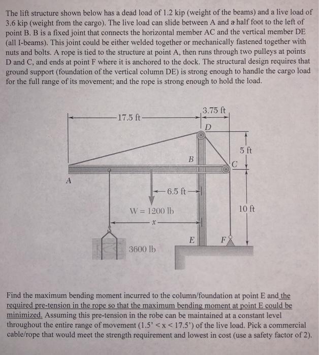 The lift structure shown below has a dead load of 1.2 kip (weight of the beams) and a live load of...