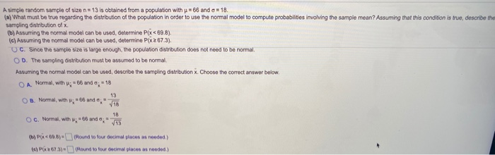 Solved A simple random sample of size = 13 is obtained from | Chegg.com