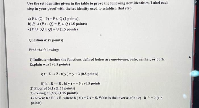 Solved Use the set identities given in the table to prove