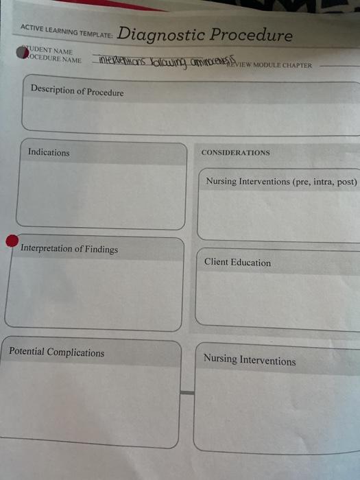 ACTIVE LEARNING TEMPLATE: TUDENT NAME LOCEDURE NAME Diagnostic Procedure intermons Iclowing cmimevents REVIEW MODULE CHAPTER