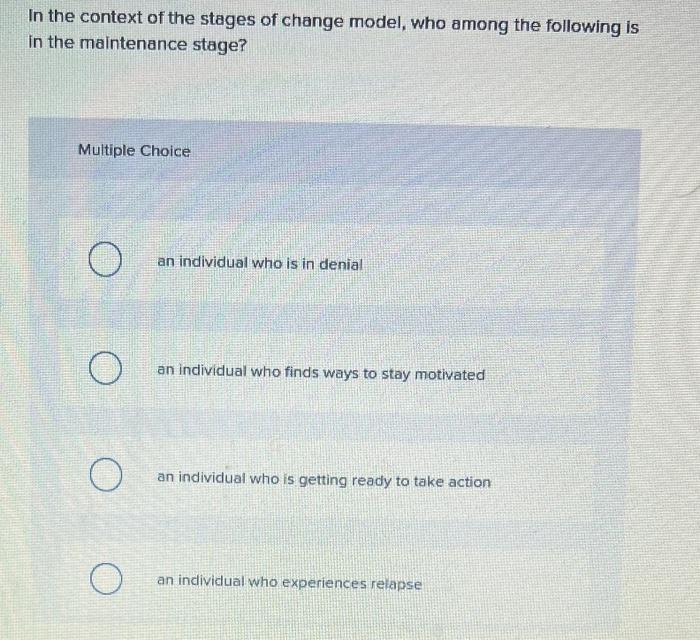 Solved In the context of the stages of change model, who | Chegg.com