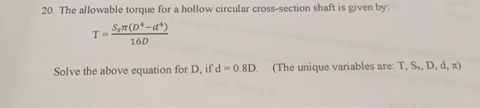 Solved 20. The allowable torque for a hollow circular | Chegg.com