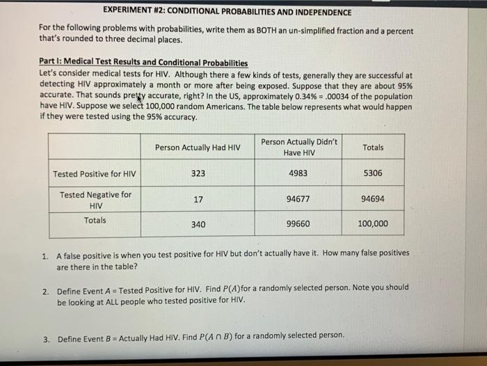 EXPERIMENT 2 CONDITIONAL PROBABILITIES AND Chegg