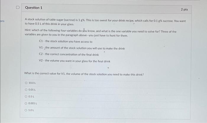 Solved Question 1 2 pts ons A stock solution of table sugar | Chegg.com