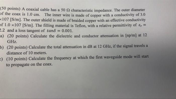 Solved (50 points) A coaxial cable has a 50 characteristic | Chegg.com