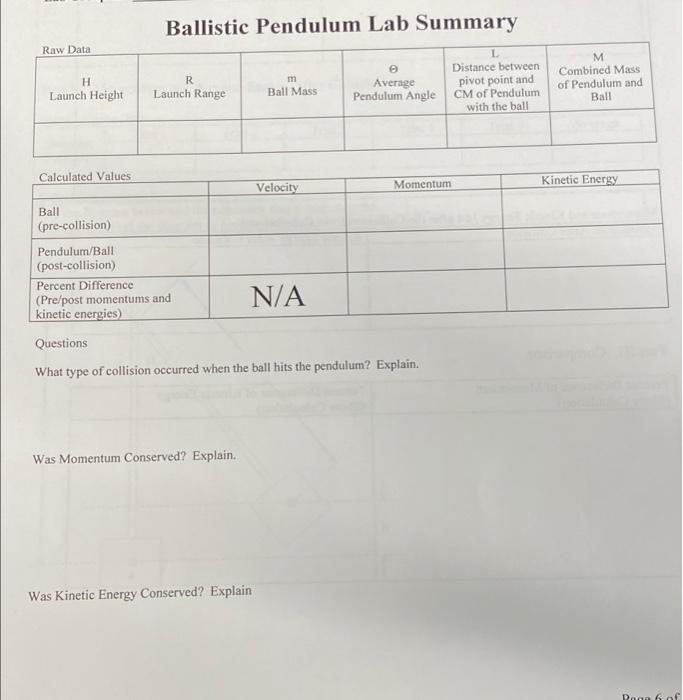 Solved Ballistic Pendulum Lab Summary Raw Data H Launch | Chegg.com