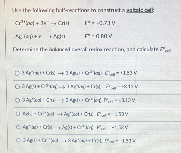 Solved Use The Following Half-reactions To Construct A | Chegg.com