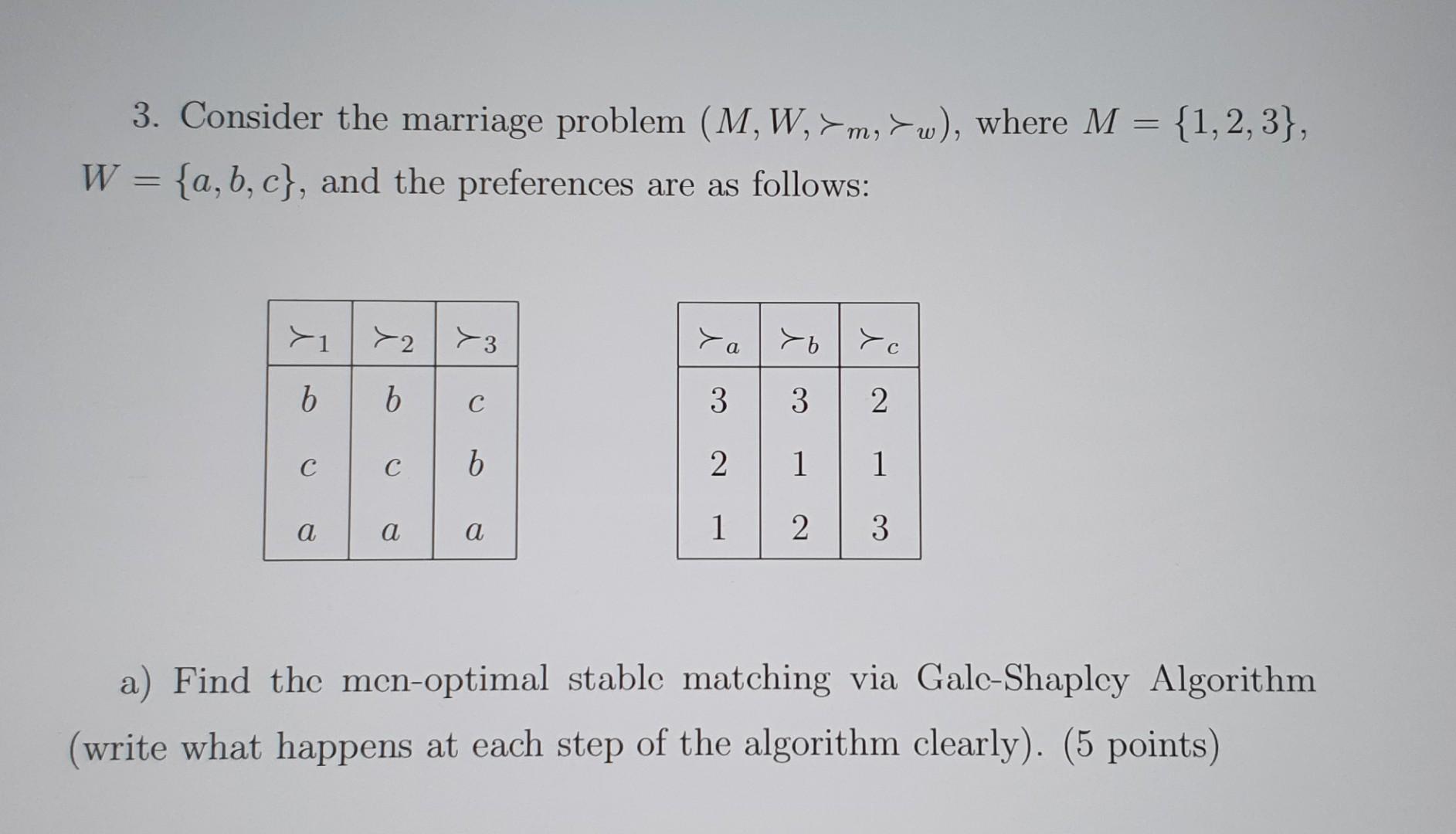 Solved 3. Consider the marriage problem (M, W,>m,>w), where | Chegg.com