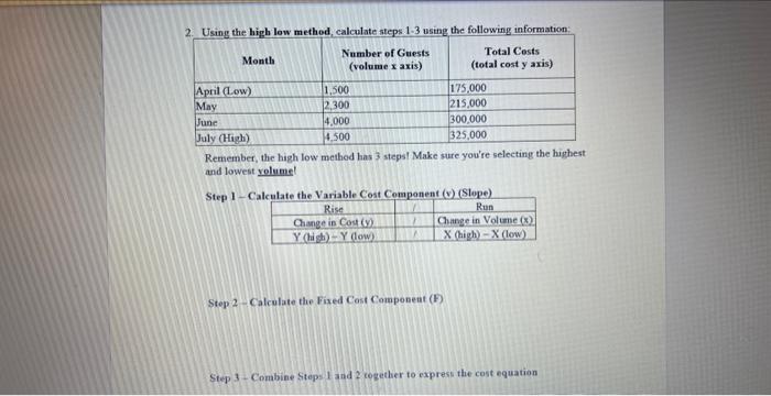 Solved 2. Using the high low method, calculate steps 1-3 | Chegg.com