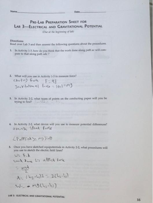 Solved Name Date PRE-LAB PREPARATION SHEET FOR Las | Chegg.com