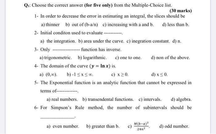 Solved Q1: Choose the correct answer (for five only) from | Chegg.com