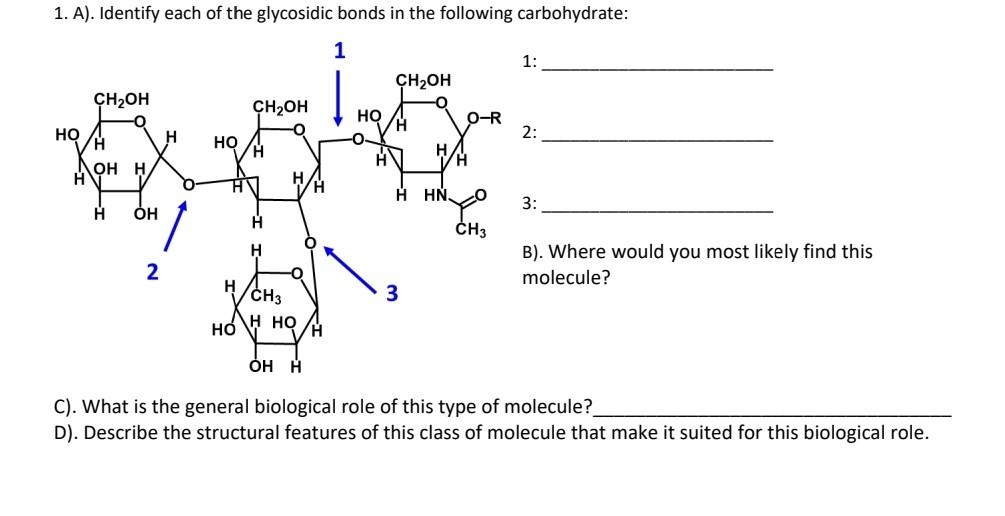 Solved 1. A). Identify each of the glycosidic bonds in the | Chegg.com