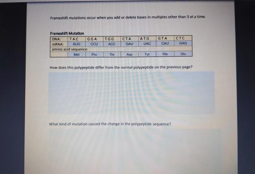 Solved Frameshift mutations occur when you add or delete