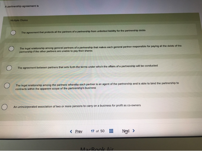 Solved A Partnership Agreement Is Multiple Choice The Chegg Com