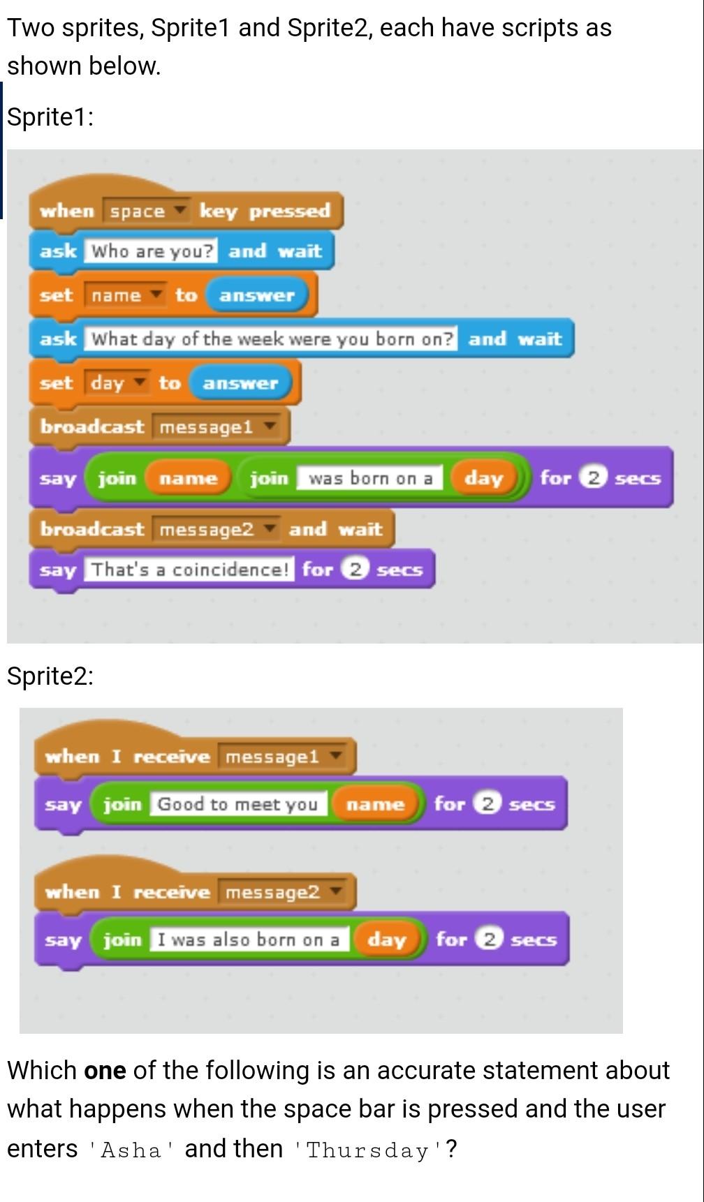 Solved Two sprites, Sprite1 and Sprite2, each have scripts | Chegg.com