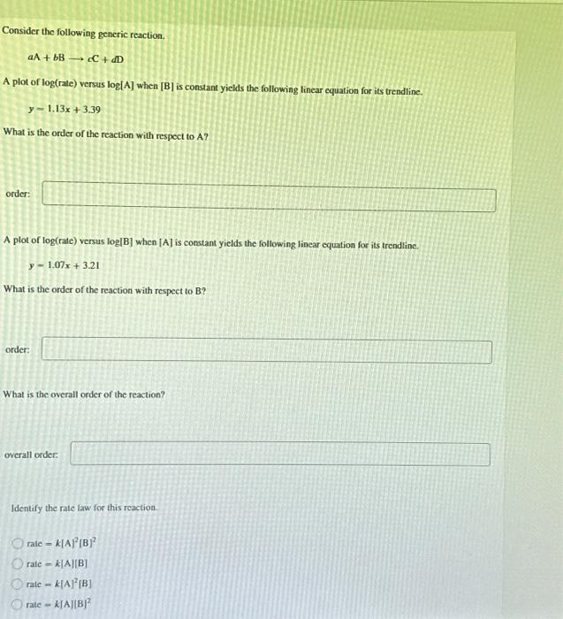 Solved Consider the following generic reaction. a A+b B→CC+d | Chegg.com