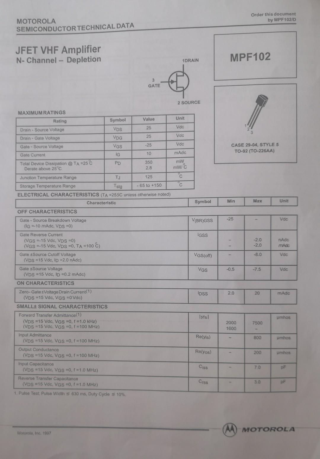 MOTOROLA SEMICONDUCTOR TECHNICAL DATA JFET VHF