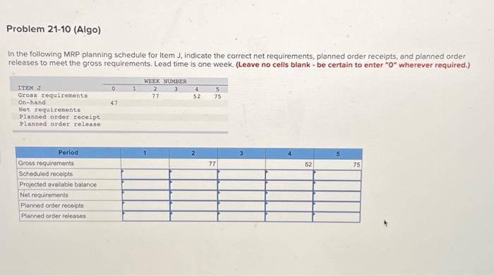 Solved In The Following MRP Planning Schedule For Item J, | Chegg.com