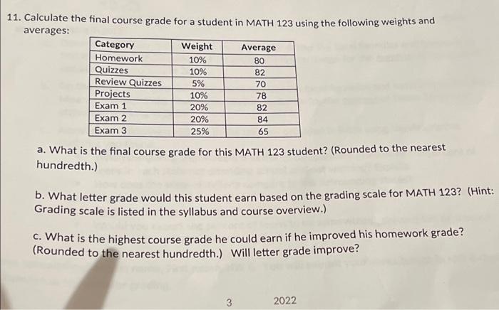 Solved 11. Calculate the final course grade for a student in | Chegg.com