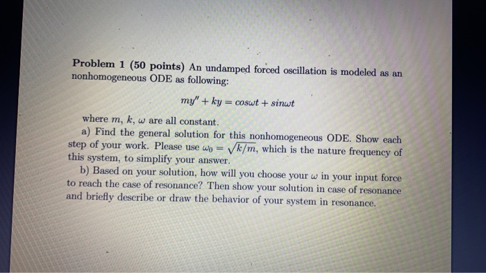 Solved Problem 1 (50 points) An undamped forced oscillation | Chegg.com