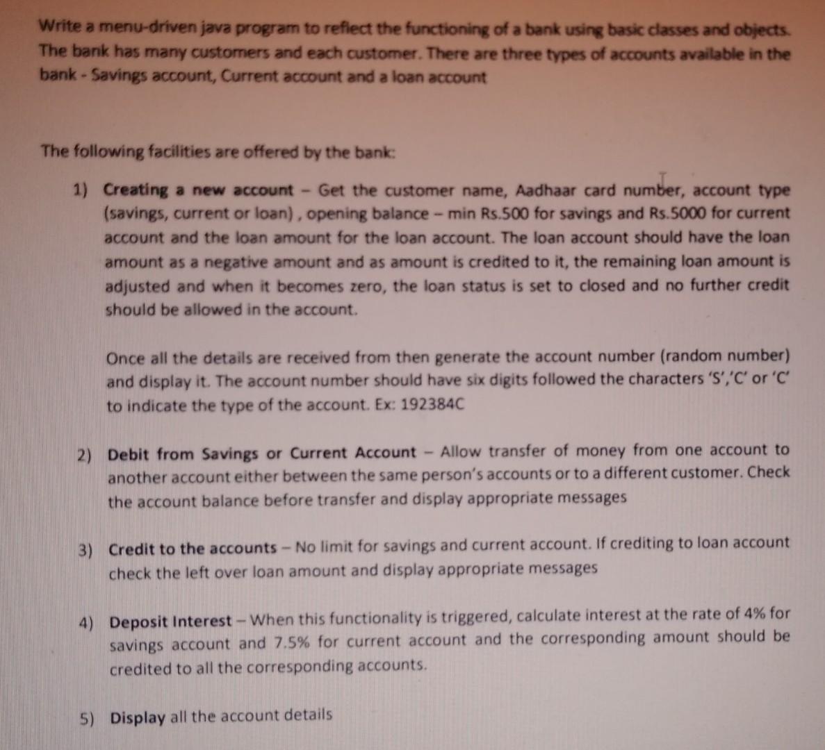 Solved Write a menu-driven java program to reflect the | Chegg.com