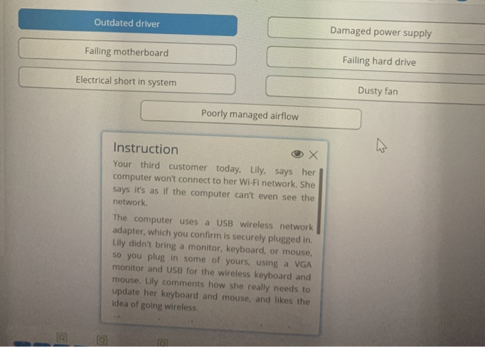 Outdated driver Damaged power supply Failing
