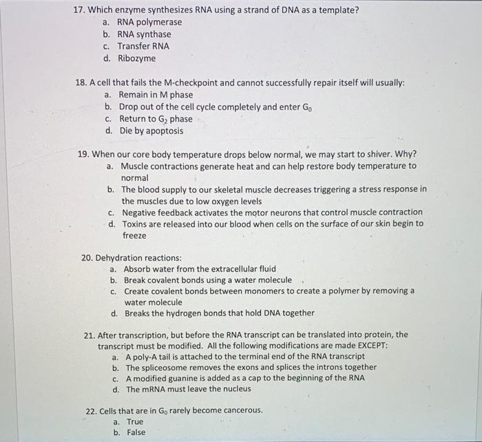 Solved 17. Which enzyme synthesizes RNA using a strand of | Chegg.com