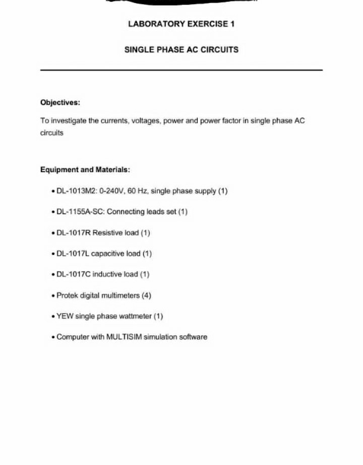 LABORATORY EXERCISE 1 SINGLE PHASE AC CIRCUITS Chegg Laboratory exercise 1 single phase ac circuits chegg