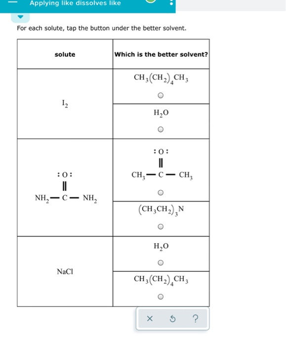 Solved Applying Like Dissolves Like For Each Solute Tap The 7562